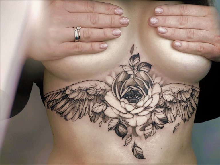 Elegant tattoo under breast ideas featuring lotus, flowers, quotes, and ...