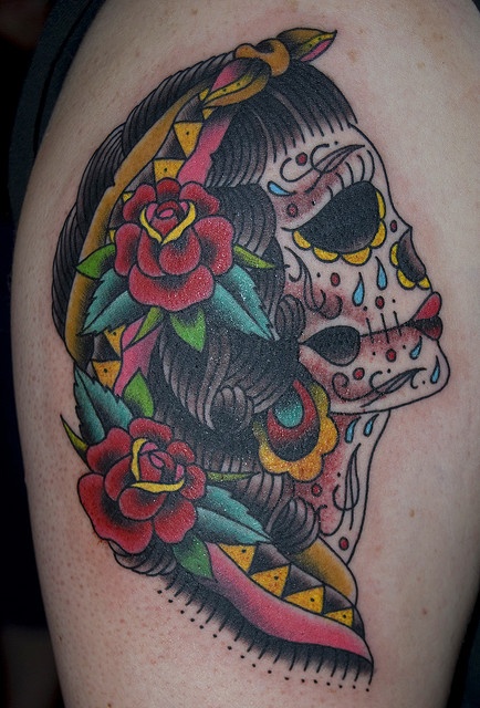 Neo traditional Catrina profile tattoo with red roses and bold color