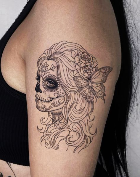 Fine line sugar skull girl tattoo with butterfly and roses on upper arm